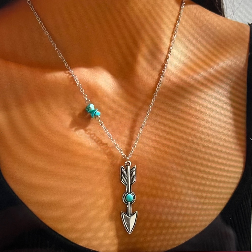 Silver Arrow Pendant Necklace with Turquoise Accent - Women Jewelry